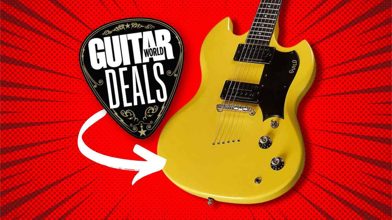 A Guild Polara electric guitar on a red background