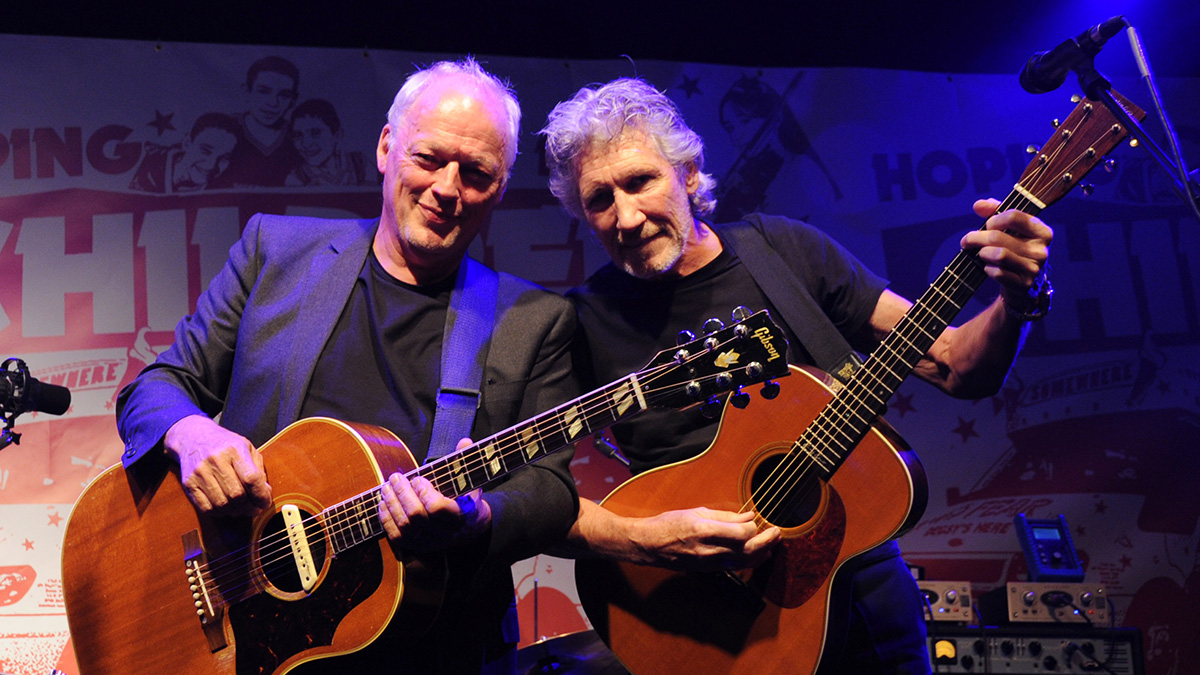 David Gilmour (L) and Roger Waters perform at a benefit evening for The Hoping Foundation on July 10, 2010 in London, England
