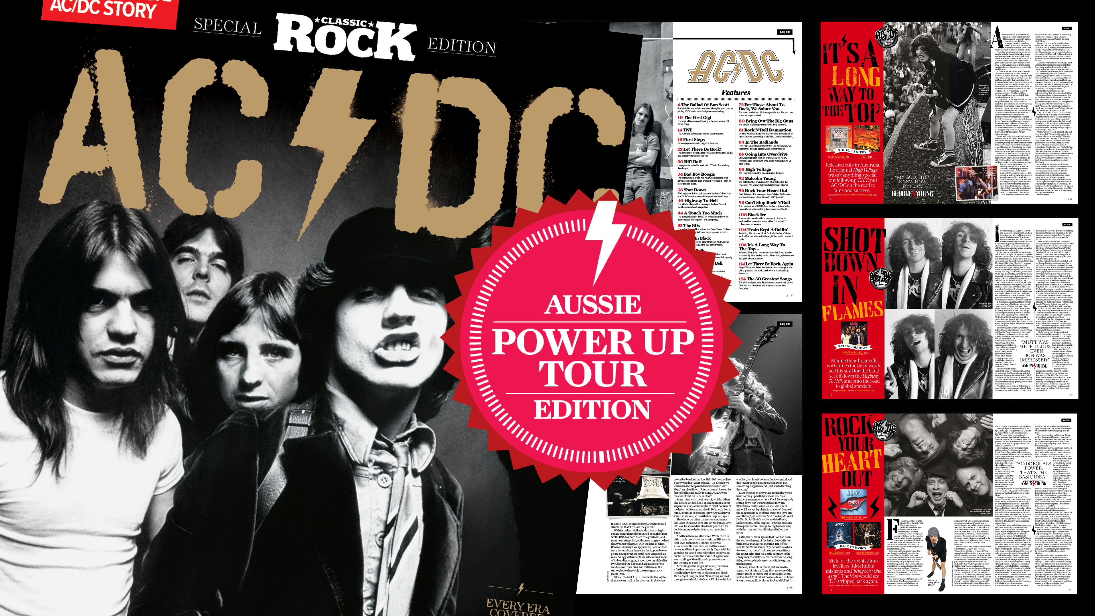 A composite image promoting the AC / DC Power Up Tour Edition bookazine, featuring an image of AC / DC and internal pages from the magazine